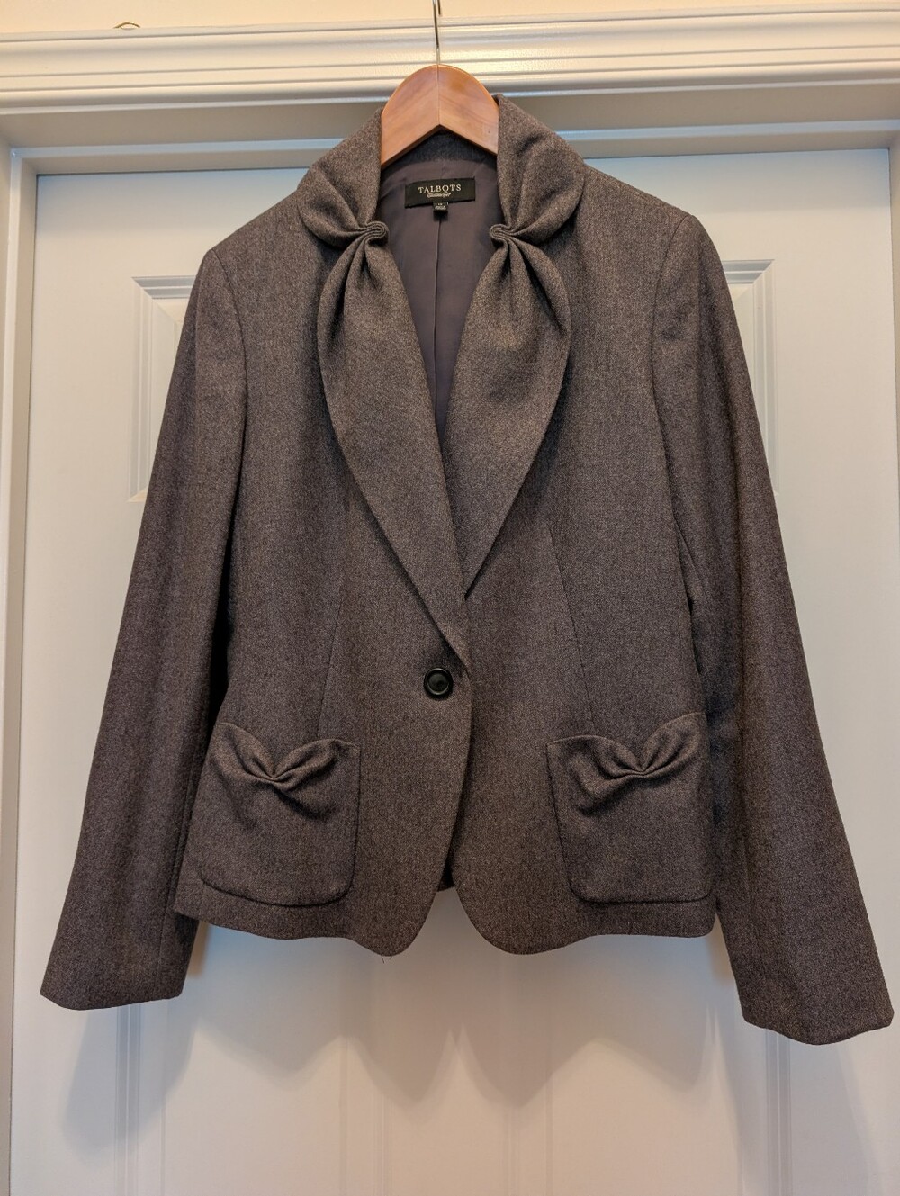 Talbots Charcoal Gray Bow-Accent Wool-Blend Blazer
